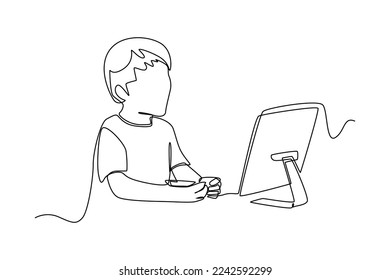 Continuous one line drawing kid using computer for Online education at home. Communication concept. Single line draw design vector graphic illustration.