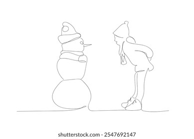 Continuous one line drawing of Kid and snowman. Winter snowman wearing scarf and hat line art drawing vector illustration. Hand made vector not AI.