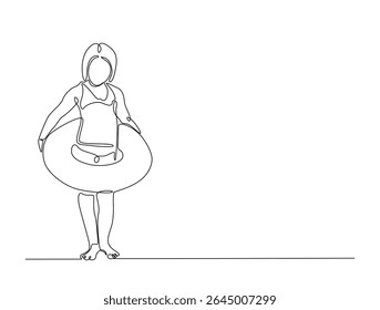 Continuous one line drawing of kid wearing swim ring. happy kid go to swimming outline illustration. Editable vector.
