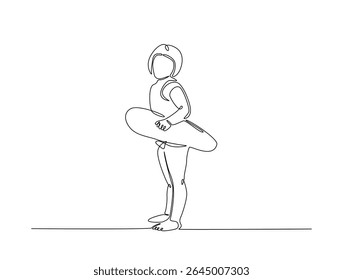Continuous one line drawing of kid wearing swim ring. happy kid go to swimming outline illustration. Editable vector.
