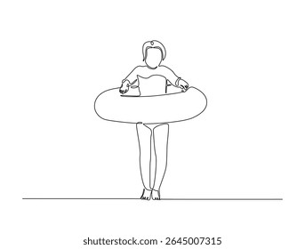 Continuous one line drawing of kid wearing swim ring. happy kid go to swimming outline illustration. Editable vector.
