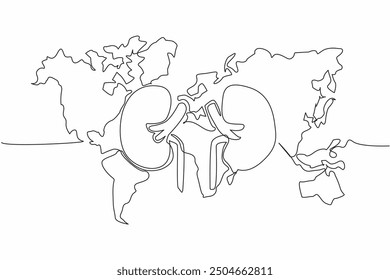 Continuous one line drawing kidney in the middle of the world map. Sense of concern for kidneys must exist throughout the world community. World Kidney Day. Single line draw design vector illustration