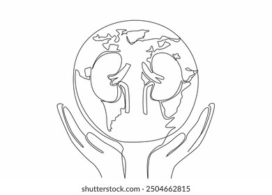 Continuous one line drawing kidney in center of the globe supported by both hands. Informing the world community about kidney concerns. World Kidney Day. Single line draw design vector illustration