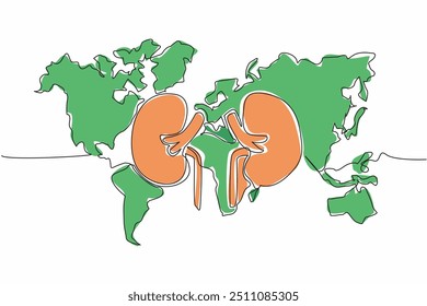 Continuous one line drawing kidney in the middle of the world map. Sense of concern for kidneys must exist throughout the world community. World Kidney Day. Single line draw design vector illustration