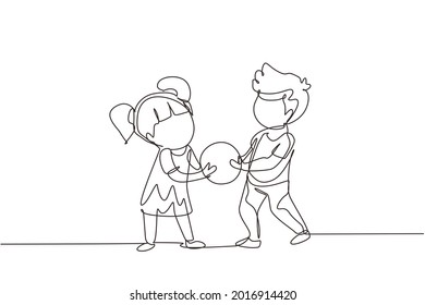 Continuous one line drawing Kids girl and boy brother  sister fighting over a ball. Conflict between children. Kids sibling fighting in playroom because of toy. Single line draw design vector graphic