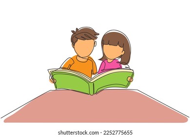 Continuous one line drawing kids, boy and girls reading book on table together. Open mind with read book. Source of knowledge. Intelligent student. Single line draw design vector graphic illustration