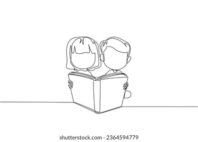 Continuous one line drawing kids sitting reading a standing book. Enthusiasm that never goes away. Very happy when reading story books. Book festival concept. Single line design vector illustration