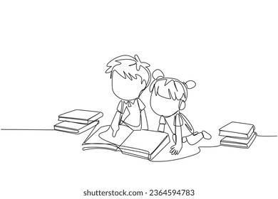 Continuous one line drawing kids reading books happily. Good reading interest. Really enjoy reading story books. Reading everywhere. Book festival concept. Single line draw design vector illustration