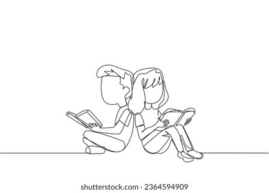 Continuous one line drawing kids sitting reading book. The new hobby of reading books helps to relax. One book one day. Good habits. Book festival concept. Single line draw design vector illustration