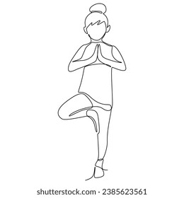 Continuous one line drawing kids doing exercise. Little girl standing in yoga pose. Linear fitness activity. Editable stroke. Vector
