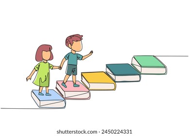 Una línea continua dibujando a los niños subir escaleras de los libros. La lectura aumenta el conocimiento que puede aumentar la dignidad de una vida mejor. Concepto de festival del libro. Ilustración vectorial de diseño monolínea