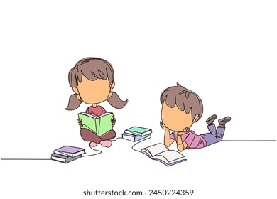 Continuous one line drawing kids who really likes reading. Everyday one book is read. Good habit. There is no day without reading book. Book festival concept. Single line design vector illustration