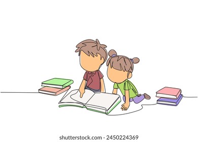 Continuous one line drawing kids reading books happily. Good reading interest. Really enjoy reading story books. Reading everywhere. Book festival concept. Single line draw design vector illustration