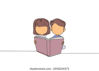 Continuous one line drawing kids sitting reading a standing book. Enthusiasm that never goes away. Very happy when reading story books. Book festival concept. Single line design vector illustration