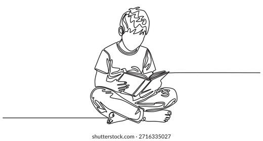 Continuous one line drawing kids sit down and put reading book on feet. Interesting to read the complete geographic map. Eliminate curiosity. Book festival. Single line draw design vector illustration