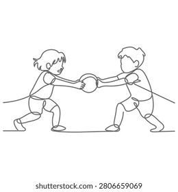 Continuous one line drawing Kids girl and boy brother sister fighting over a ball. Conflict between children. Kids sibling fighting in playroom because of toy.