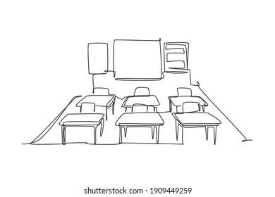 Dibujo continuo de una línea en el interior de la escuela de kindergarten. De vuelta al concepto de minimalismo dibujado a mano en la escuela. Diseño de traza de línea única para la ilustración gráfica de vectores educativos