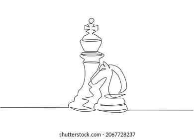 Continuous one line drawing king and knight chess logo. Set of emblems and signs for chess sport tournament. Successful challenge flat isolated. Single line draw design vector graphic illustration