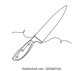 Dibujo continuo de una línea de cuchillo de cocina en silueta sobre fondo blanco. Linear estilizado.Minimalista.