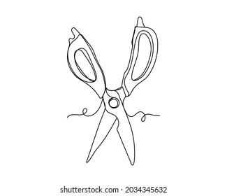 Continuous one line drawing of kitchen scissors icon in silhouette on a white background. Linear stylized.