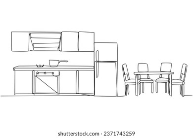 Continuous one line drawing the kitchen room has elegant classic feel. The dining table in a row gives a minimalist impression. Semi-modern style kitchen. Single line draw design vector illustration