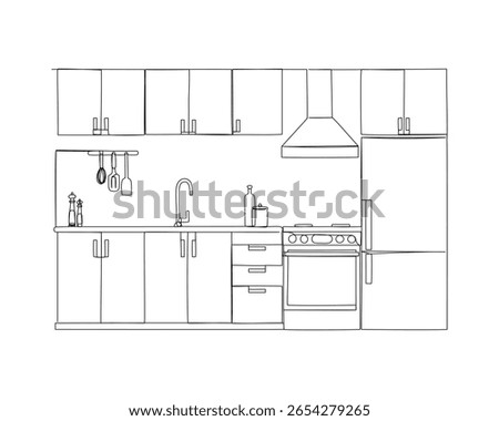 Continuous one line drawing of a kitchen interior. Vector illustration 