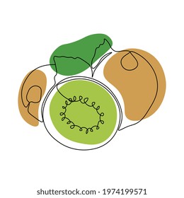 Continuous one line drawing kiwi. Vector illustration. Black line art on white background with colorful spots. Cartoon kiwi isolated on white background.  Vegan concept