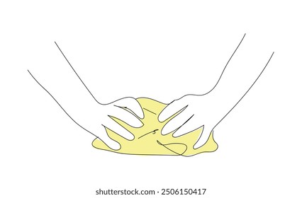 Continuous one line drawing Kneading dough hands. Rolled out dough for baking, pizza, cookie, biscuit, bread. Instruction for baking recipe. Homemade bakery. 