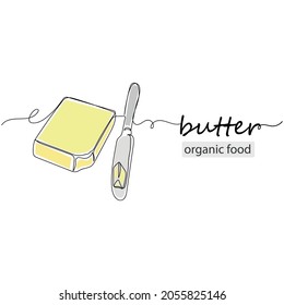 Dibujo continuo de una línea de cuchillo sobre una pieza de briqueta de una composición de alimento orgánico de mantequilla en silueta sobre un fondo blanco. Linear estilizado.