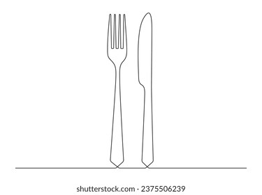 Continuous one line drawing of knife and fork. Restaurant logo symbol. Isolated on white background vector illustration. Stock vector. 