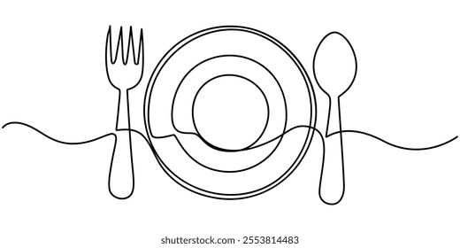 Continuous one line drawing of knife and fork vector illustration, One line  Drawing or illustration of empty plate and cutlery, One continuous line drawing of food tools. Plate Fork and Knife.