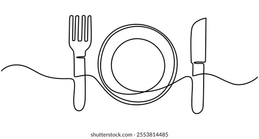 Continuous one line drawing of knife and fork vector illustration, One line  Drawing or illustration of empty plate and cutlery, One continuous line drawing of food tools. Plate Fork and Knife.