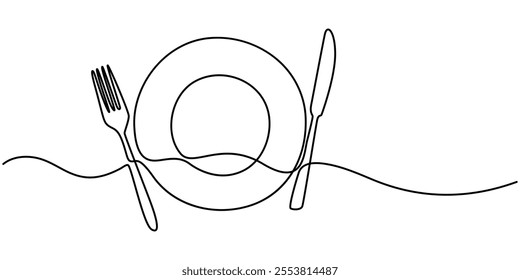 Continuous one line drawing of knife and fork vector illustration, One line  Drawing or illustration of empty plate and cutlery, One continuous line drawing of food tools. Plate Fork and Knife.