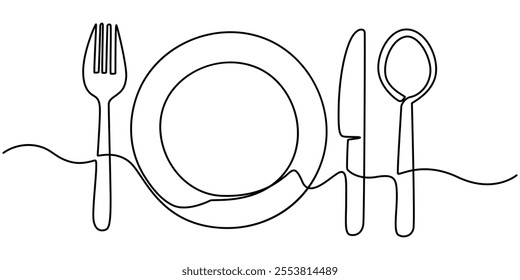 Continuous one line drawing of knife and fork vector illustration, One line  Drawing or illustration of empty plate and cutlery, One continuous line drawing of food tools. Plate Fork and Knife.