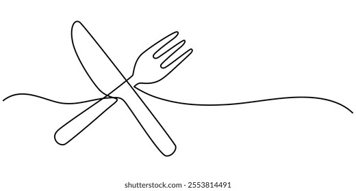 Continuous one line drawing of knife and fork vector illustration, One line  Drawing or illustration of empty plate and cutlery, One continuous line drawing of food tools. Plate Fork and Knife.