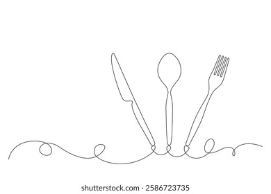 Continuous one line drawing of a knife, spoon, and fork. Minimalist and modern design, perfect for restaurant branding, menus, or food-related concepts, Vector illustration, Editable stroke