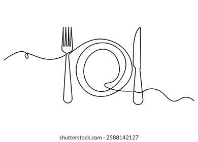 Continuous one line drawing of knife and fork outline art illustration isolated on white background
