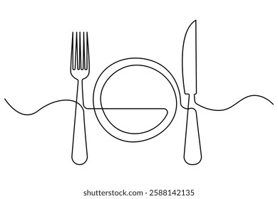 Continuous one line drawing of knife and fork outline art illustration isolated on white background
