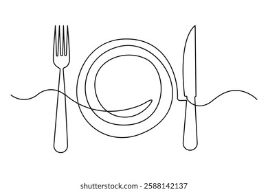 Continuous one line drawing of knife and fork outline art illustration isolated on white background
