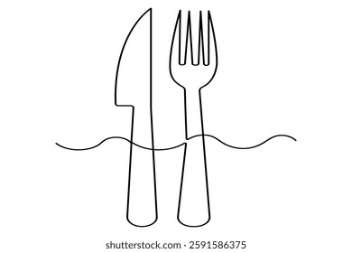 Continuous one line drawing of knife and fork outline art illustration isolated on white background
