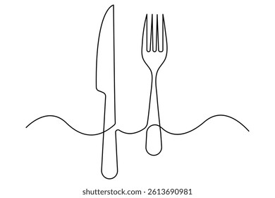 Continuous one line drawing of knife and fork outline art illustration isolated on white background

