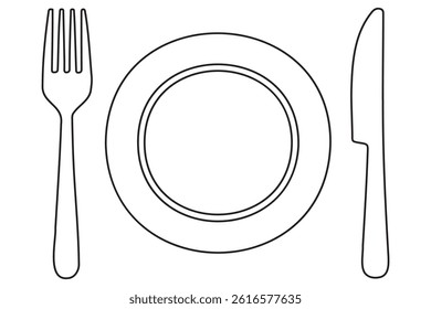 Continuous one line drawing of knife, plate, spoon and fork outline Vector Illustration