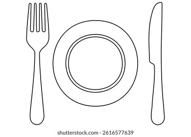 Continuous one line drawing of knife, plate, spoon and fork outline Vector Illustration