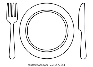 Continuous one line drawing of knife, plate, spoon and fork outline Vector Illustration