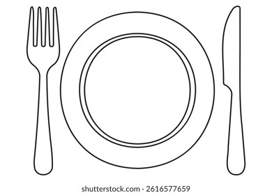 Continuous one line drawing of knife, plate, spoon and fork outline Vector Illustration