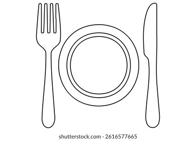 Continuous one line drawing of knife, plate, spoon and fork outline Vector Illustration