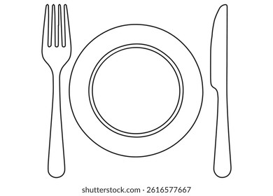 Continuous one line drawing of knife, plate, spoon and fork outline Vector Illustration