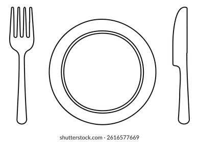 Continuous one line drawing of knife, plate, spoon and fork outline Vector Illustration