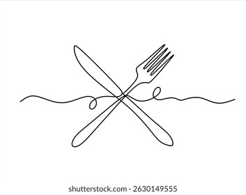 Continuous one line drawing of a knife and fork. Minimalist and modern design, perfect for restaurant branding, menus, or food-related concepts, Vector illustration, Editable stroke