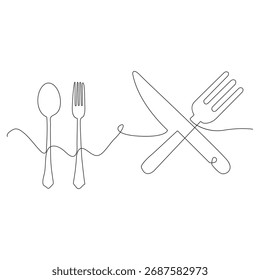  Dibujo continuo de una línea de un cuchillo, cuchara y tenedor, arte lineal. dibujo simple. Vector.